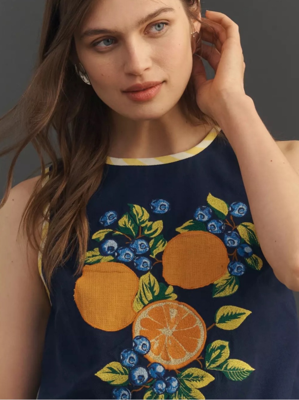 NWT $118 size M #Anthropologie Navy Citrus & Blue Floral Embroidered shell tank - Picture 3 of 7
